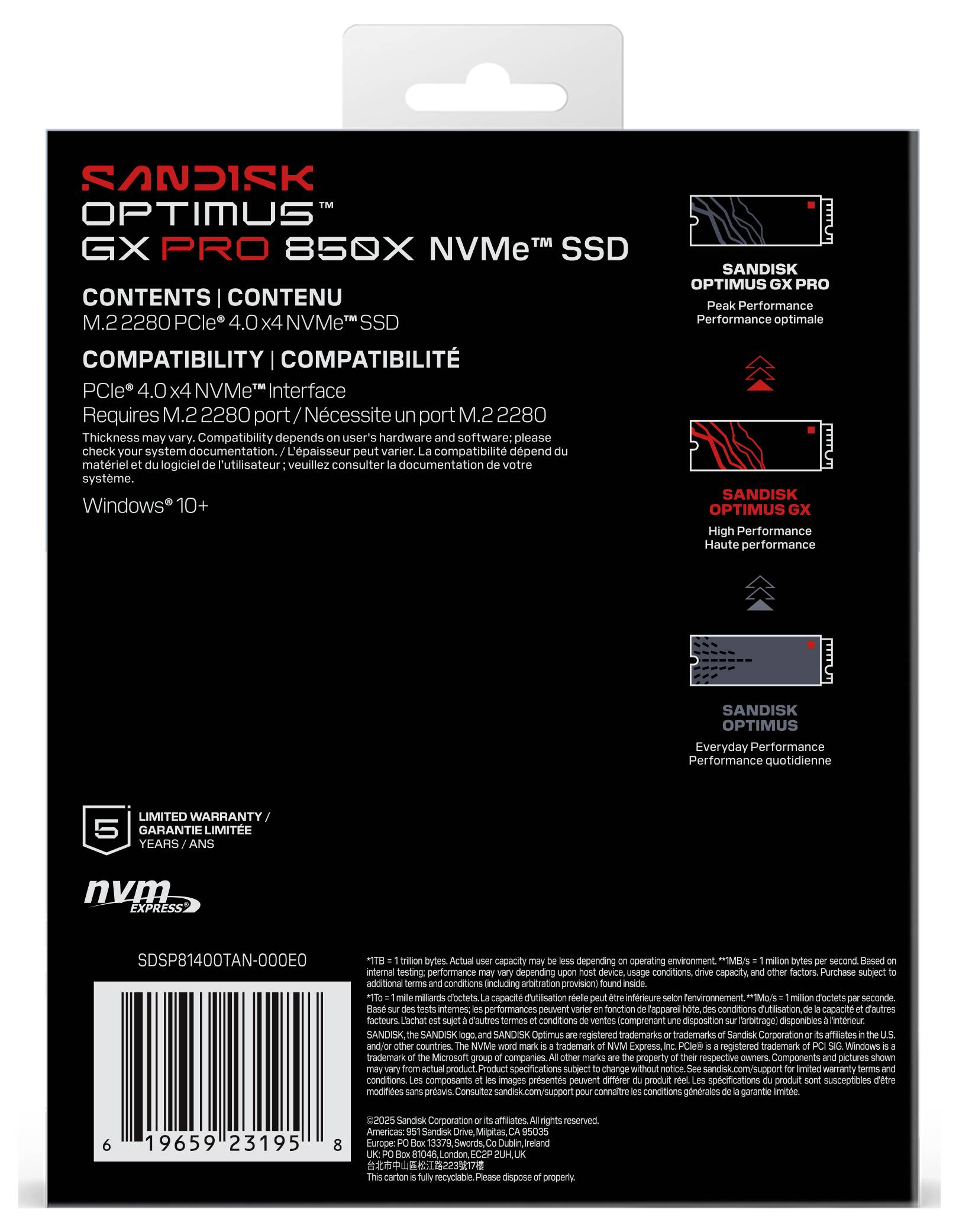 SanDisk Optimus GX PRO 850X 4 TB notranji M.2 PCIe NVMe SSD 2280 PCIe 4.0 x4 trgovina na drobno SDSP81400TAN-000E0-7