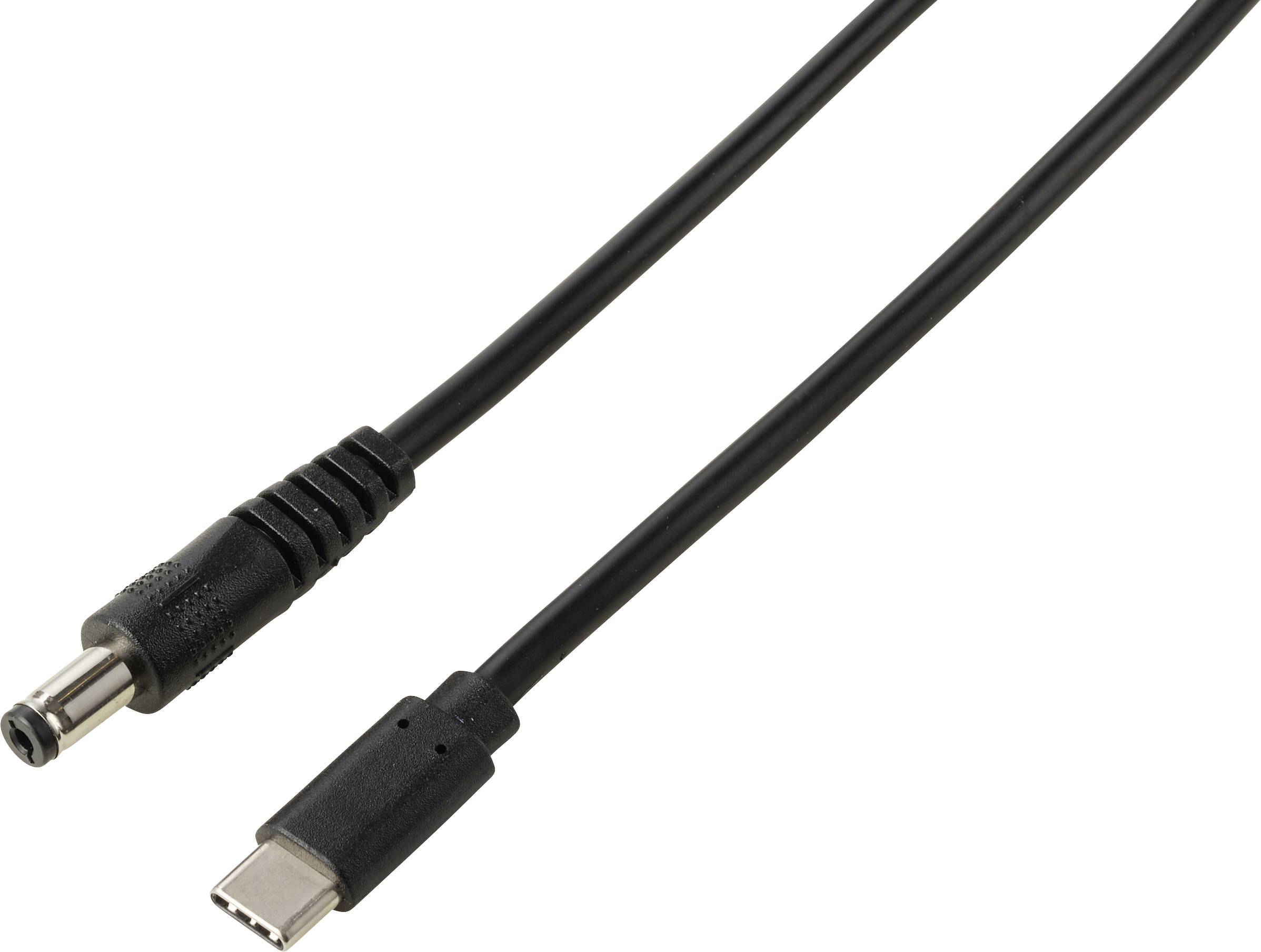 Črni USB-C na DC kabel za napajanje z USB-C vtičem na enem koncu in cilindričnim konektorjem na drugem koncu.