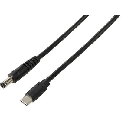 Črni USB-C na DC kabel za napajanje z USB-C vtičem na enem koncu in cilindričnim konektorjem na drugem koncu.