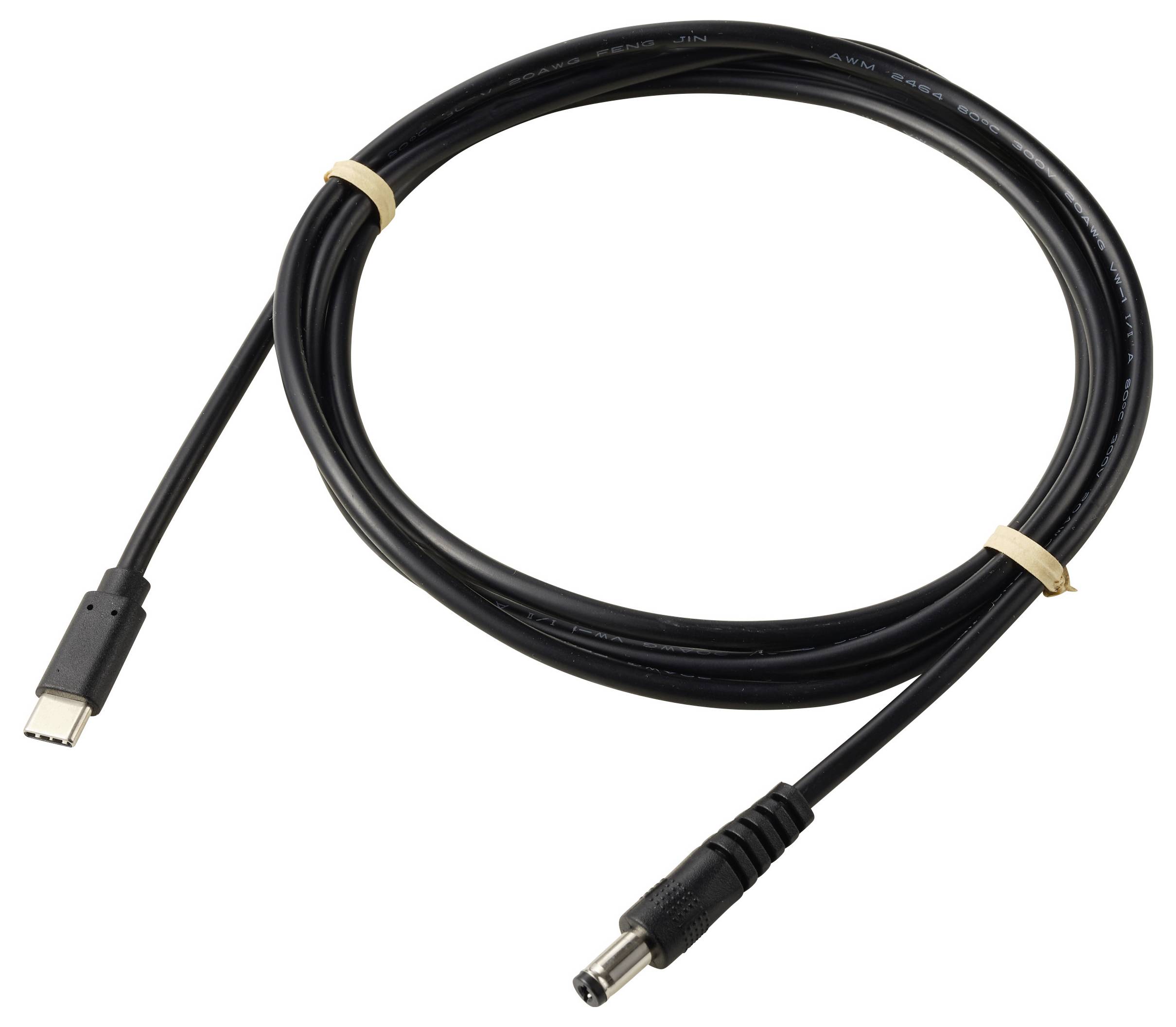Črni kabel USB-C na baterijski priključek, zvit na belem ozadju, z USB-C priključkom na enem koncu in okroglim enosmernim priključkom na drugem koncu.
