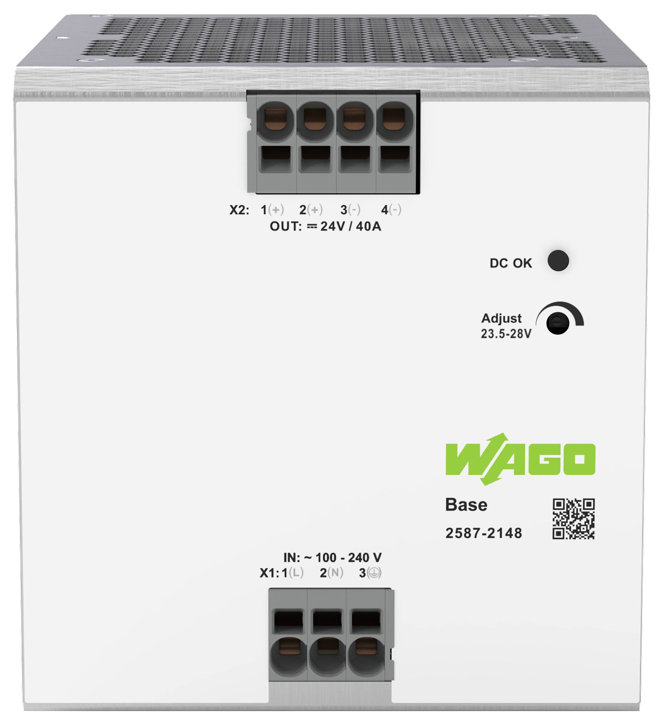Pravokoten bel električni naprav z oznako "WAGO Base 2587-2148", s specifikacijami vhoda/izhoda in nastavitvami za prilagoditev, zasnovan za distribucijo električne moči.