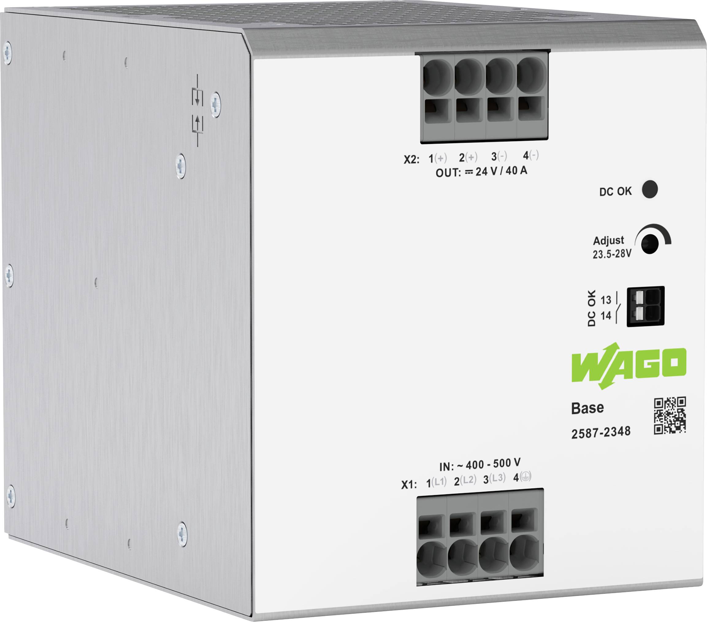 WAGO napajalni modul z vhodom 400-500 V in izhodom 24 V/40 A. Lastnosti vključujejo regulator za prilagoditev, indikatorje DC OK in priključke.