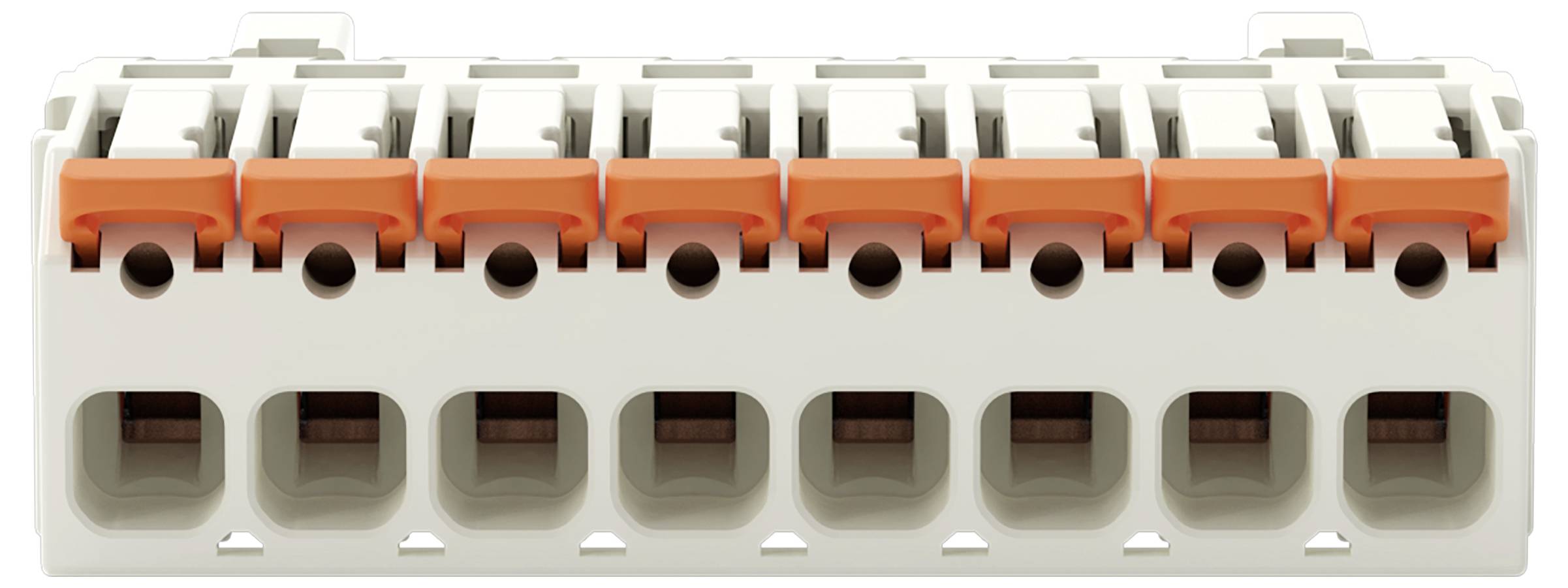 Modularna sponka z desetimi položaji v vrsti, opremljena z oranžnimi ročicami za varno priključitev vodnikov v električni napeljavi.