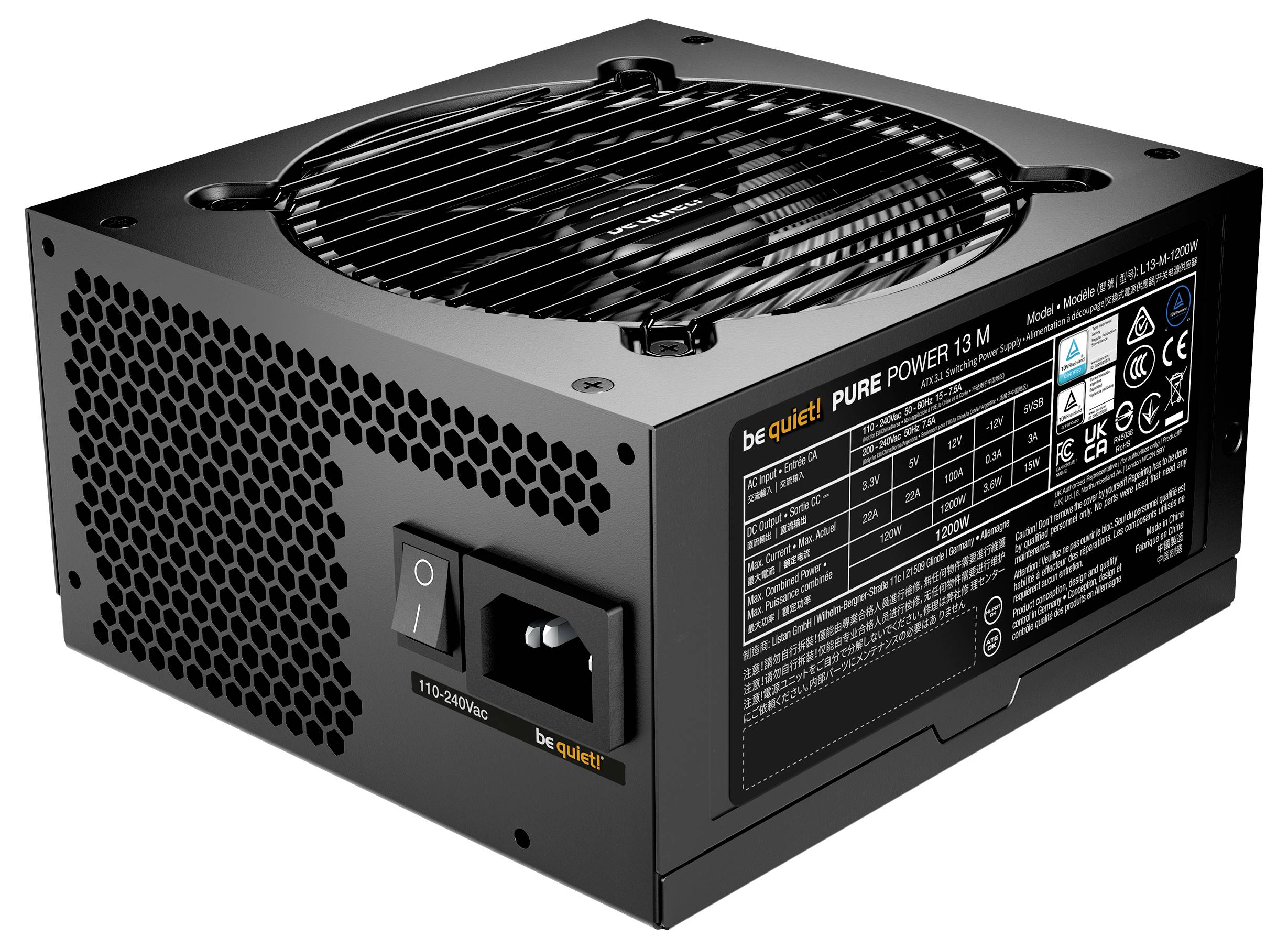 »be quiet!« napajalnik za računalnik, model Pure Power 11 FM, s črno zunanjo površino, hladilnim ventilatorjem na vrhu in specifikacijami vnosa na nalepki na boku.