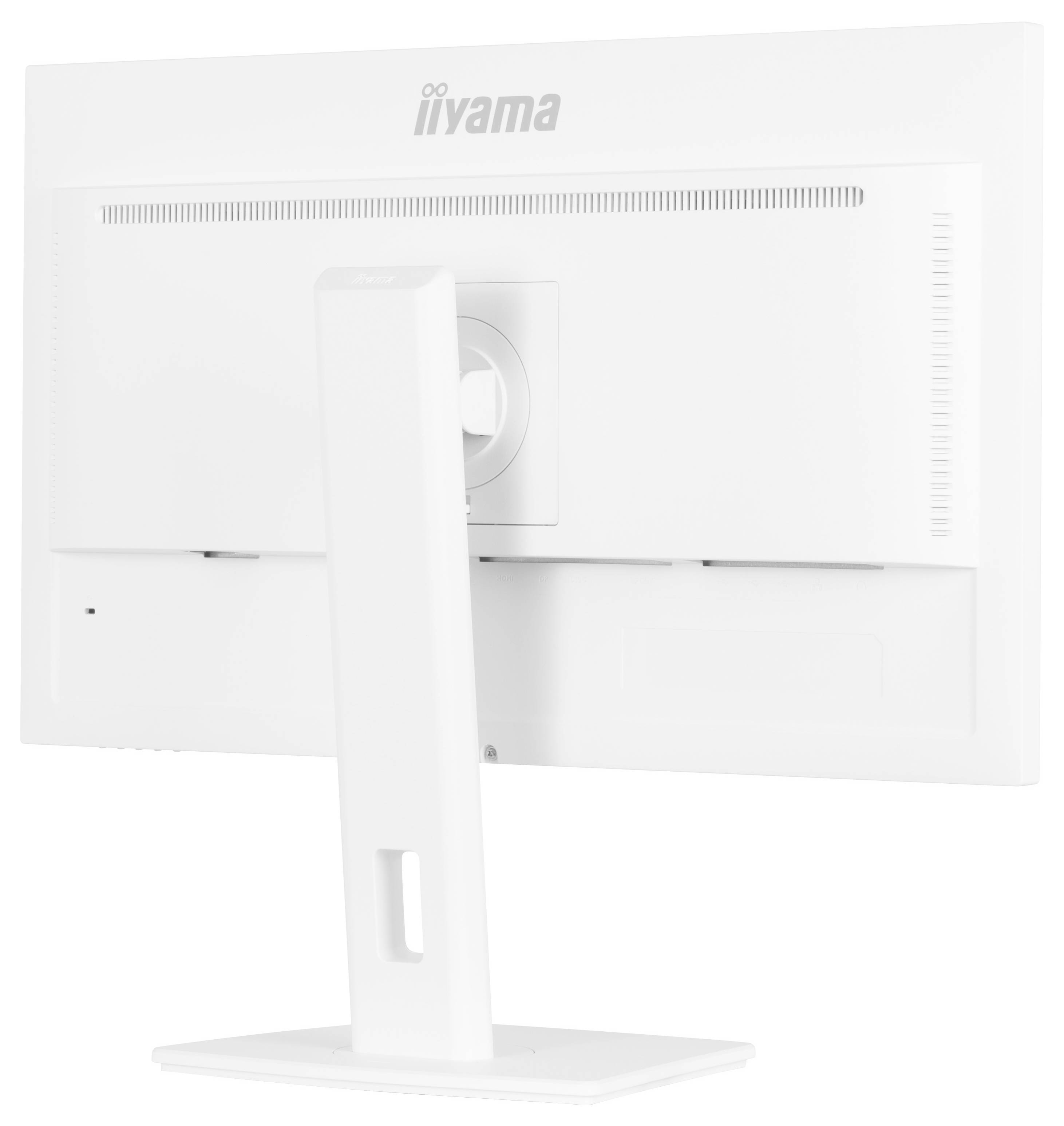 Beli računalniški monitor je prikazan od zadaj, na njem je prikazana znamka »Iiyama«. Monitor ima pravokotno stojalo in čist dizajn.