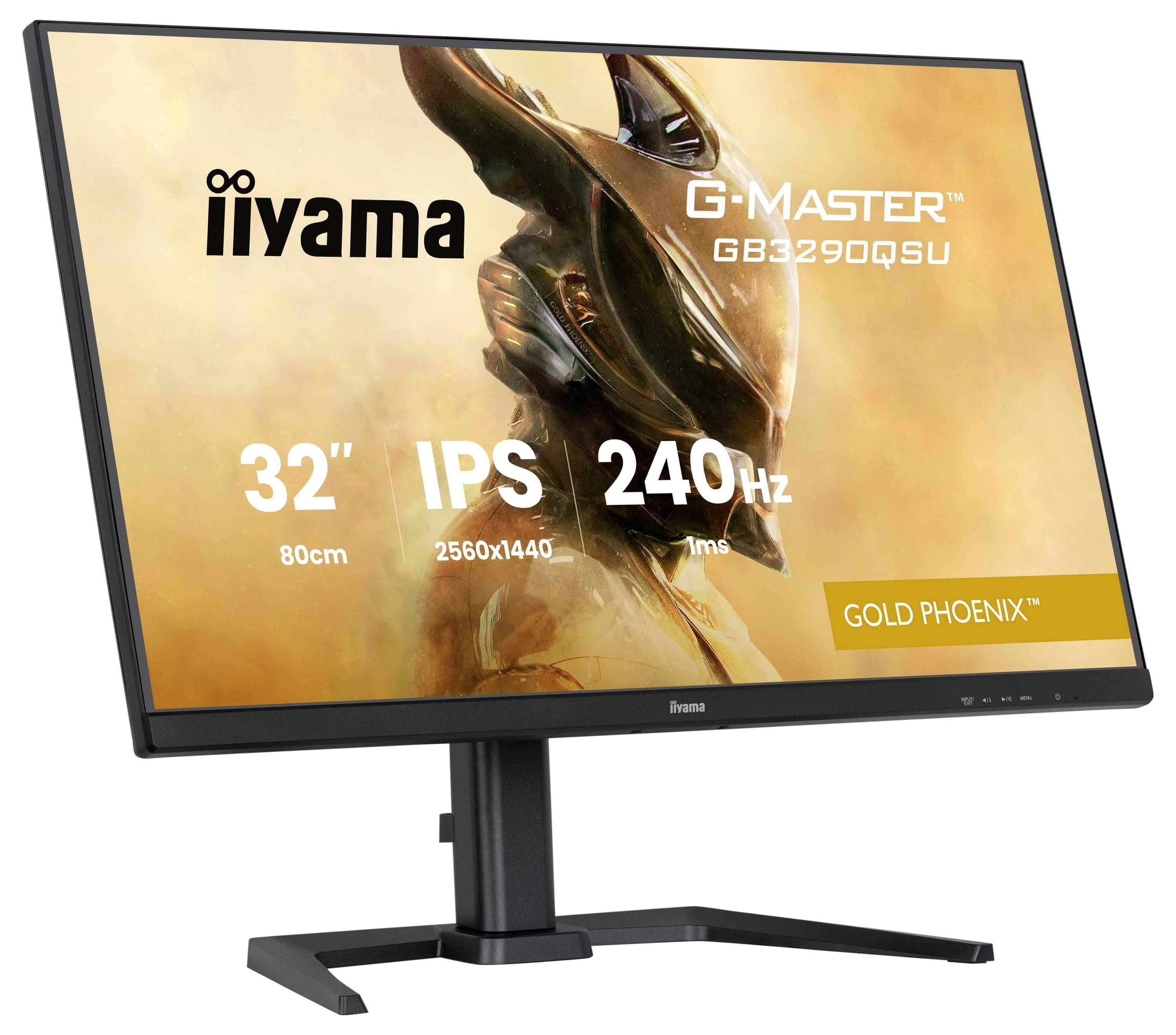 Monitor iiyama G-Master z diagonalo 32 palcev, ločljivostjo 2560x1440, IPS zaslonom, osvežitveno frekvenco 240Hz, prikazan s »Gold Phoenix« ozadjem.