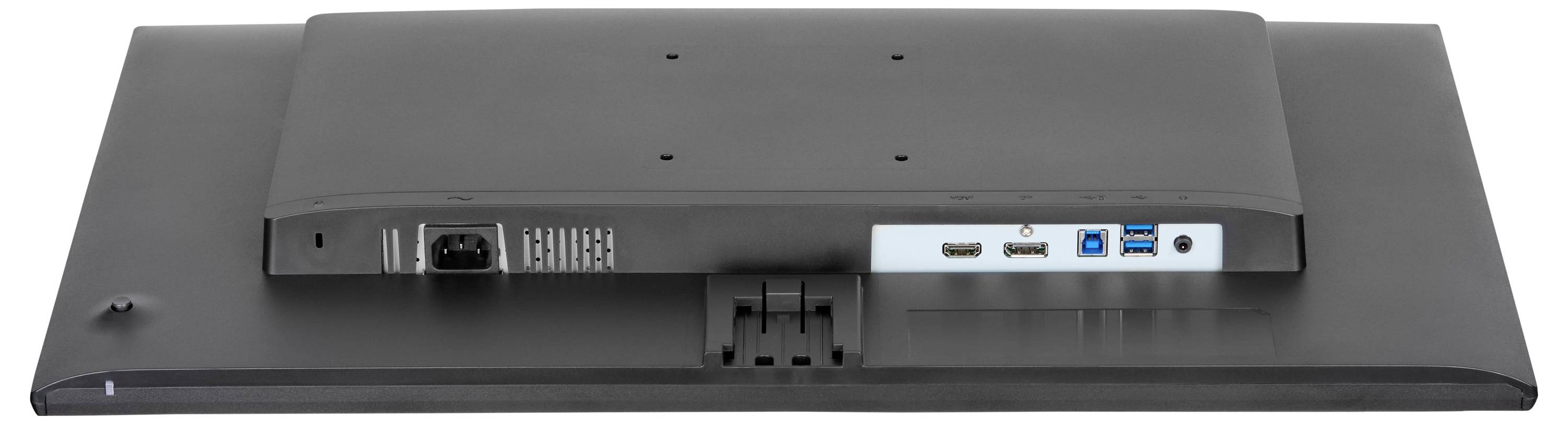 Monitor, viden iz zadnje strani, ki prikazuje napajalne priključke, HDMI in USB vhode, kar prikazuje njegove možnosti povezovanja.