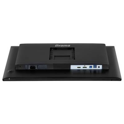 »Pogled od zadaj na monitor iiyama, ki prikazuje njegove priključne vhode, vključno z HDMI, DisplayPort, USB in napajanjem, na črni površini.«