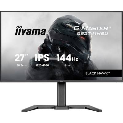 Slika prikazuje monitor v širokozaslonskem formatu z blagovno znamko "iiyama G-Master GB2734HSU", ki ima na zaslonu logotipa '27" IPS 144Hz' in 'Black Hawk'.