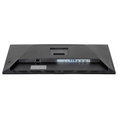 Detajlni pogled na zadnji panel monitorja, ki prikazuje različne priključke, vključno s priključki HDMI, USB in režami za povezavo napajanja.