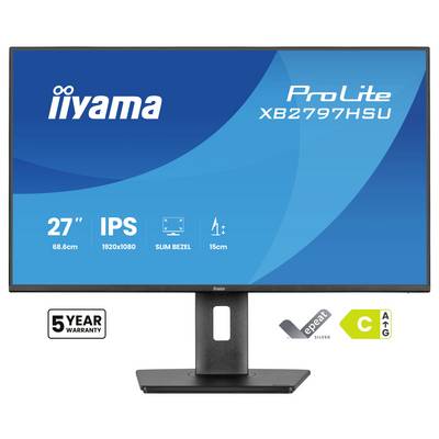 Monitor z modrim zaslonom, ki prikazuje "iiyama ProLite XB2797HSU." Značilnosti: 27" IPS, ločljivost 1920x1080, tanek rob, 5-letna garancija.