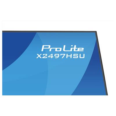 Detaljni posnetek kota monitorja, ki prikazuje ime modela 'ProLite X2497HSU' na modri ozadju.
