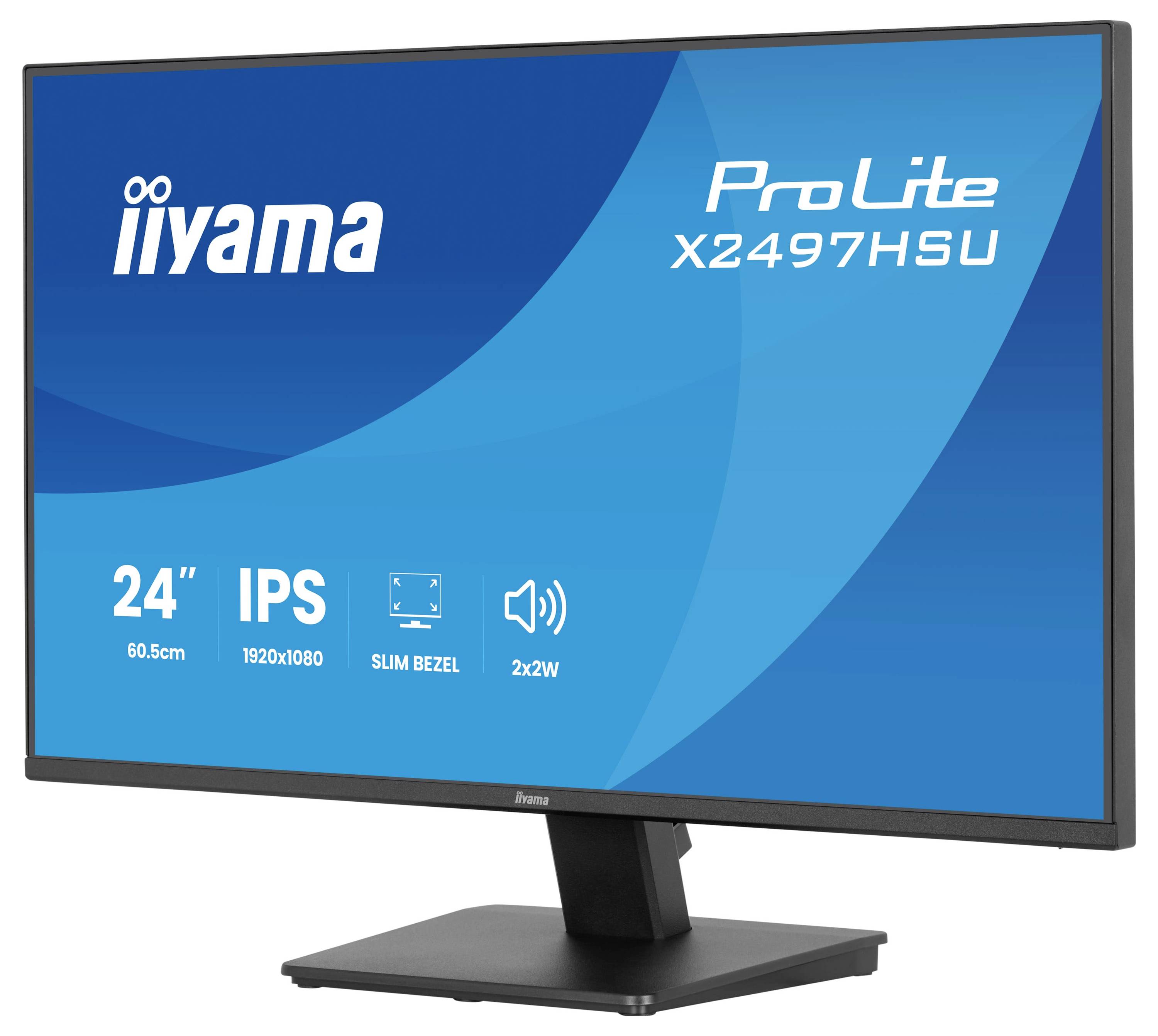 Monitor z zaslonom, ki prikazuje logotip blagovne znamke 'iiyama', model 'ProLite X2497HSU', velikost '24"', ločljivost '1920x1080' in funkcije 'IPS', 'Slim Bezel', '2x2W zvočniki'.