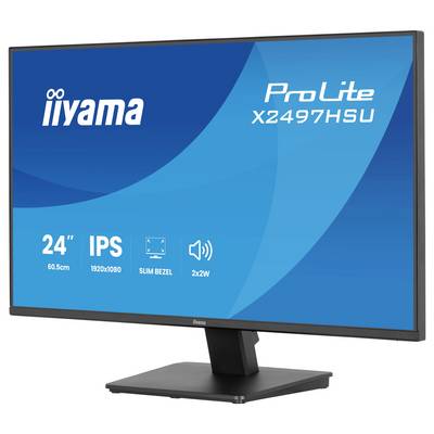 Monitor z zaslonom, ki prikazuje logotip blagovne znamke 'iiyama', model 'ProLite X2497HSU', velikost '24"', ločljivost '1920x1080' in funkcije 'IPS', 'Slim Bezel', '2x2W zvočniki'.
