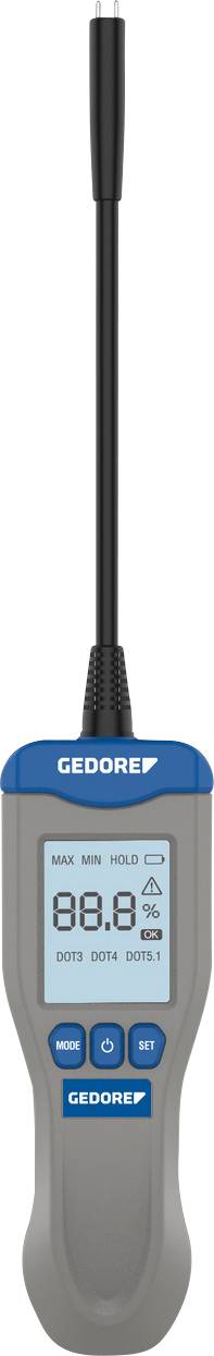 Digitalni termometer znamke 'GEDORE', ki prikazuje '80,9°C', s tipkami 'ON/OFF', '°C/°F' in 'SET', ter priloženo dolgo sondo.