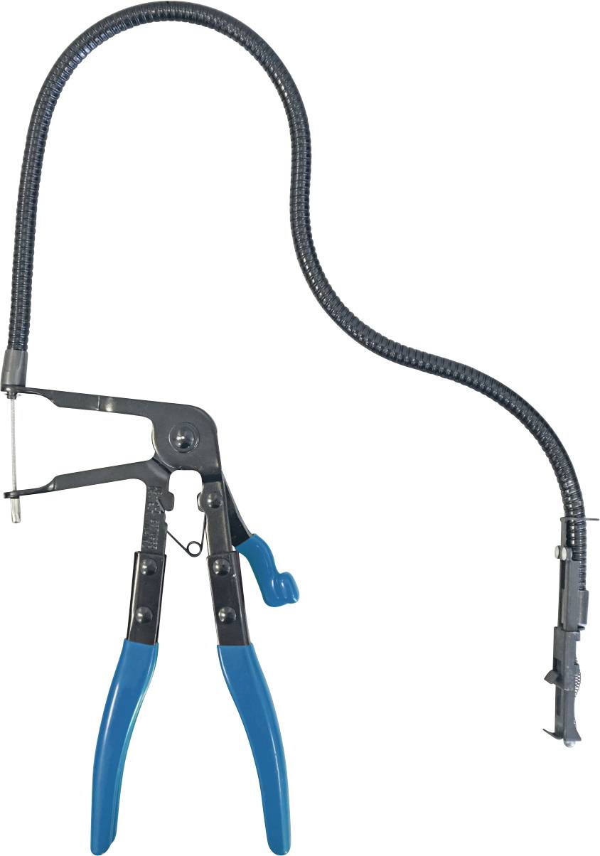 Prožne klešče za sponke cevi z modrimi ročaji in dolgim nastavljavim kablom za doseganje in pritrditev sponk v tesnih prostorih.