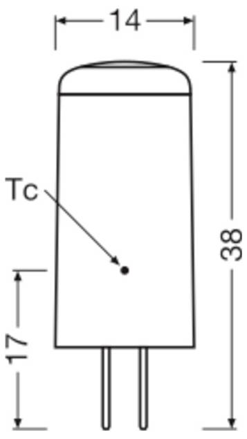 Diagram cilindričnega elektronskega komponenta z dvema priključkoma, ki prikazuje mere: 14 mm širine, 38 mm višine, z oznako "Tc" pri 17 mm.