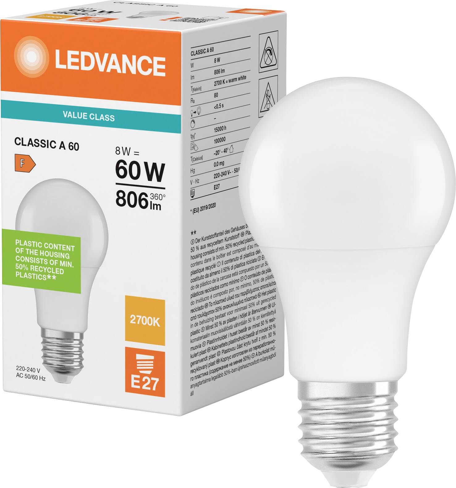 LEDVANCE LED svetilka in embalaža, ki prikazuje Classic A60 8W svetilko z E27 podnožjem, 2700K toplo belo svetlobo in 806 lm izhoda.