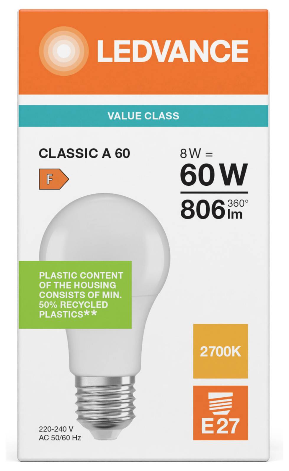 LEDVANCE Classic A 60 LED žarnica, embalažo prikazuje 8W enaka 60W, 806 lm, 2700K, E27 osnova, in 50% reciklirane plastike za ohišje.