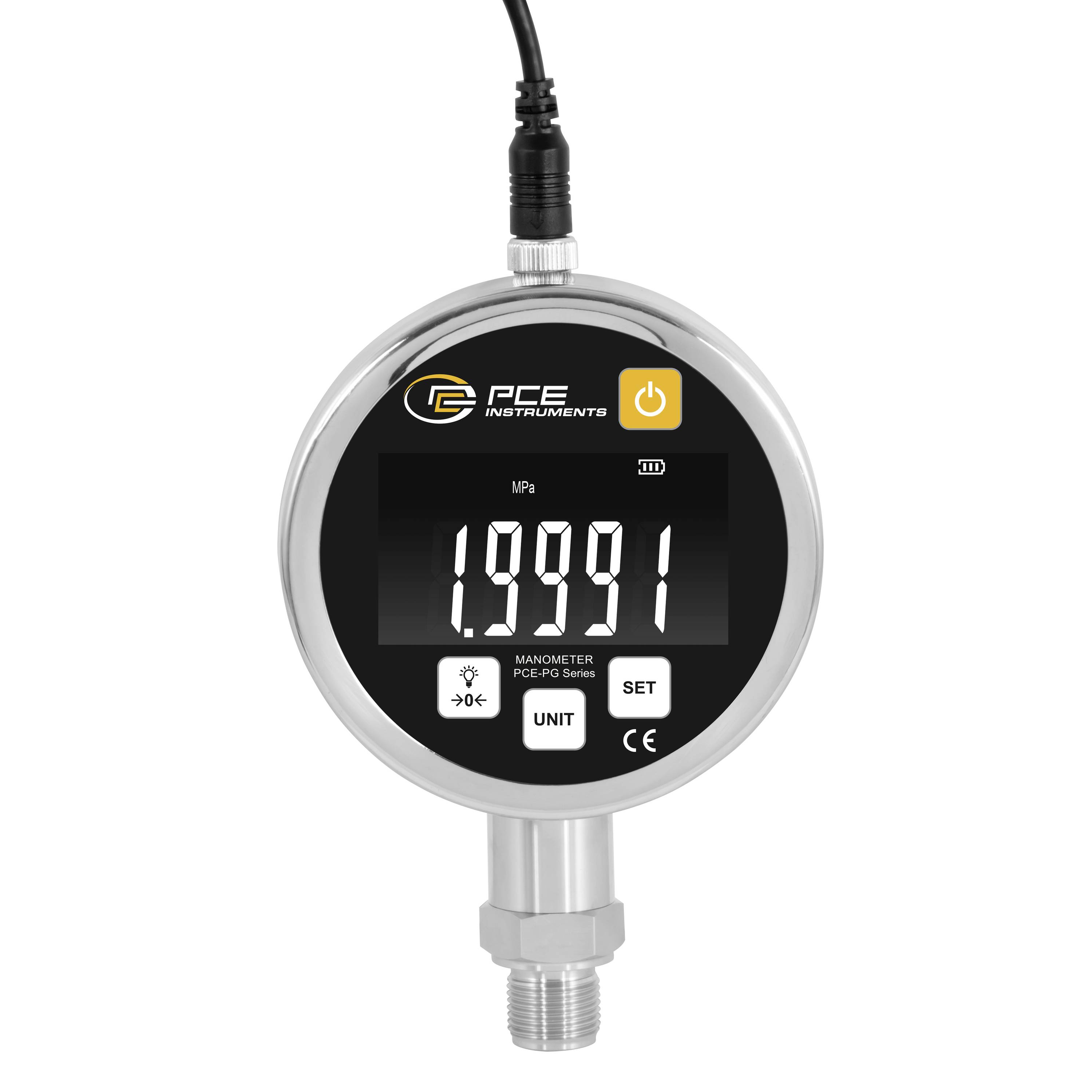 Digitalni manometer s tlakom 19.991 MPa, z gumbi za napajanje, enoto in nastavitev ter navojem povezanega senzorja.