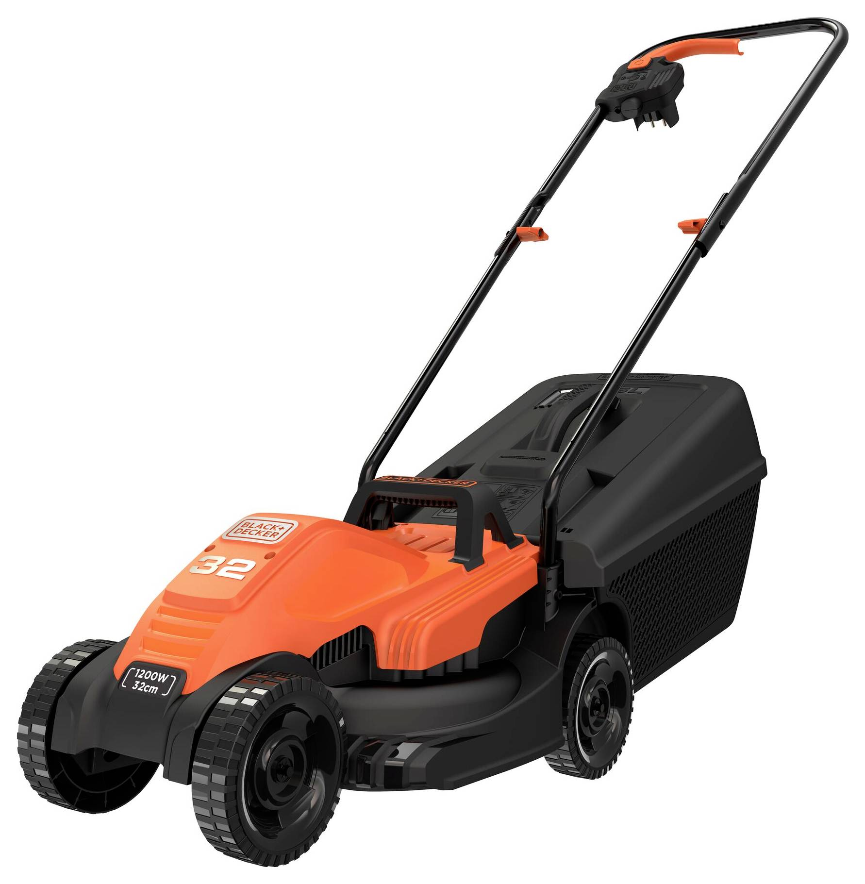 Sekač za travo s potiskom z oranžno in črno barvo, opremljen z 1200W elektromotorjem in rezalno širino 32 cm. Posoda za zbiranje trave na zadnji strani.