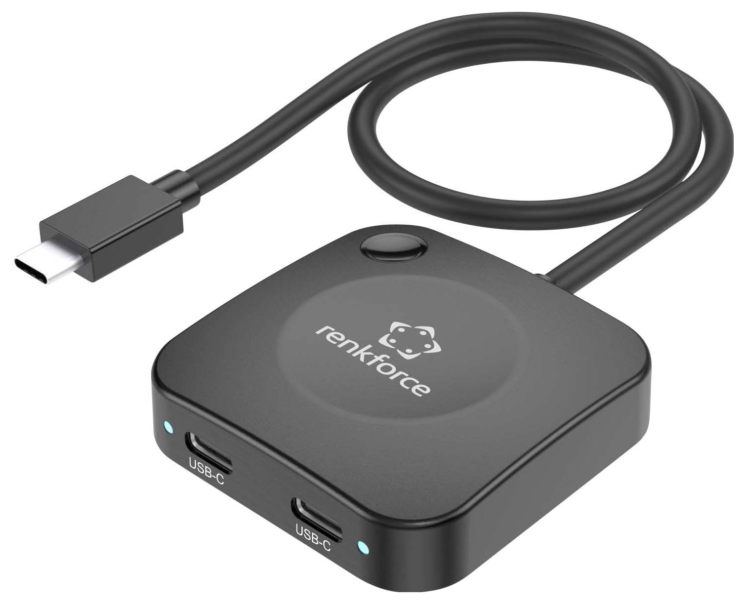 Črn Tenkforce adapter USB-C hub s priključenim kablom USB-C, z dvema vhodoma USB-C in majhnimi indikatornimi lučkami.