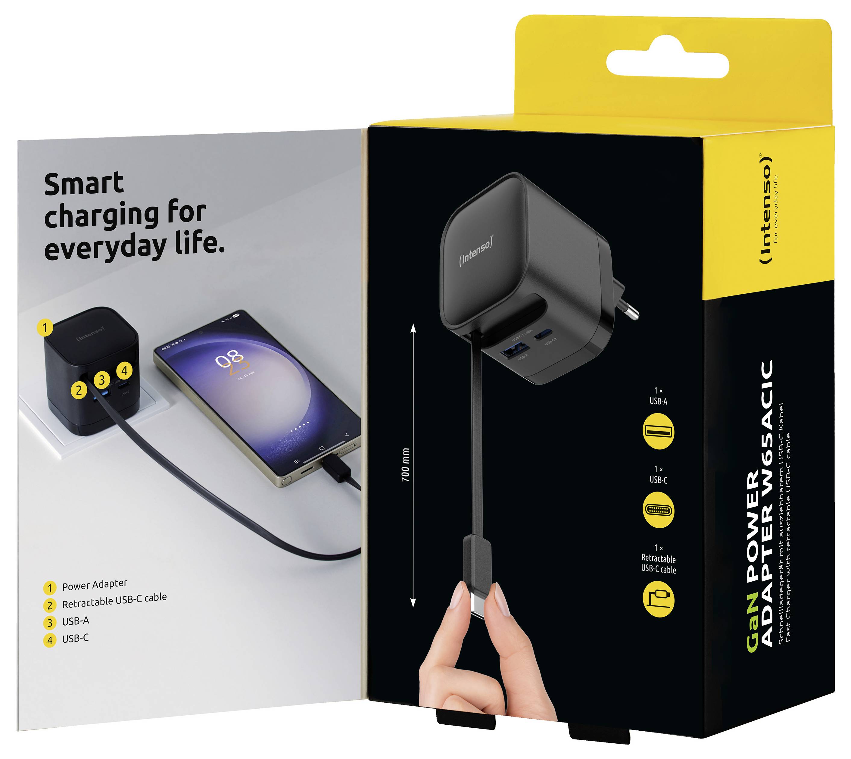 Škatla adaptera 'Intenso' USB-C s prikazom telefona, ki se polni z adapterjem, poudarjajući njegove lastnosti: vlagljiv USB-C kabel in 65W moč.