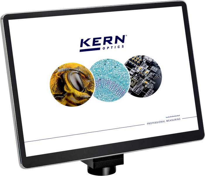 Logotip »KERN Optics« nad slikami čebele, celic in mikročipov na zaslonu monitorja, kar predstavlja različna področja optične meritve.