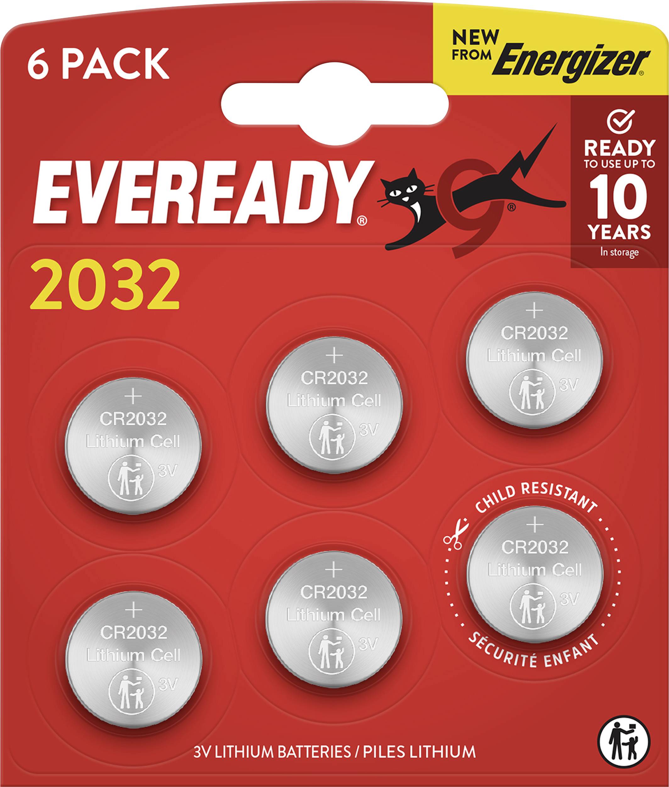 »Eveready 2032 CR2032 litijeve celične baterije, paket 6 kosov, otežko odporno, 10 let trajnosti, proizvajalec Energizer.«