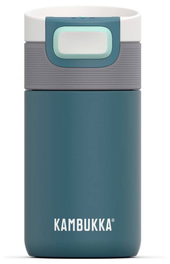 Teal-barven Kambukka izolirana potovalna skodelica z belim pokrovom in sivo ročajem, zasnovana za ohranjanje pijač tople ali hladne.