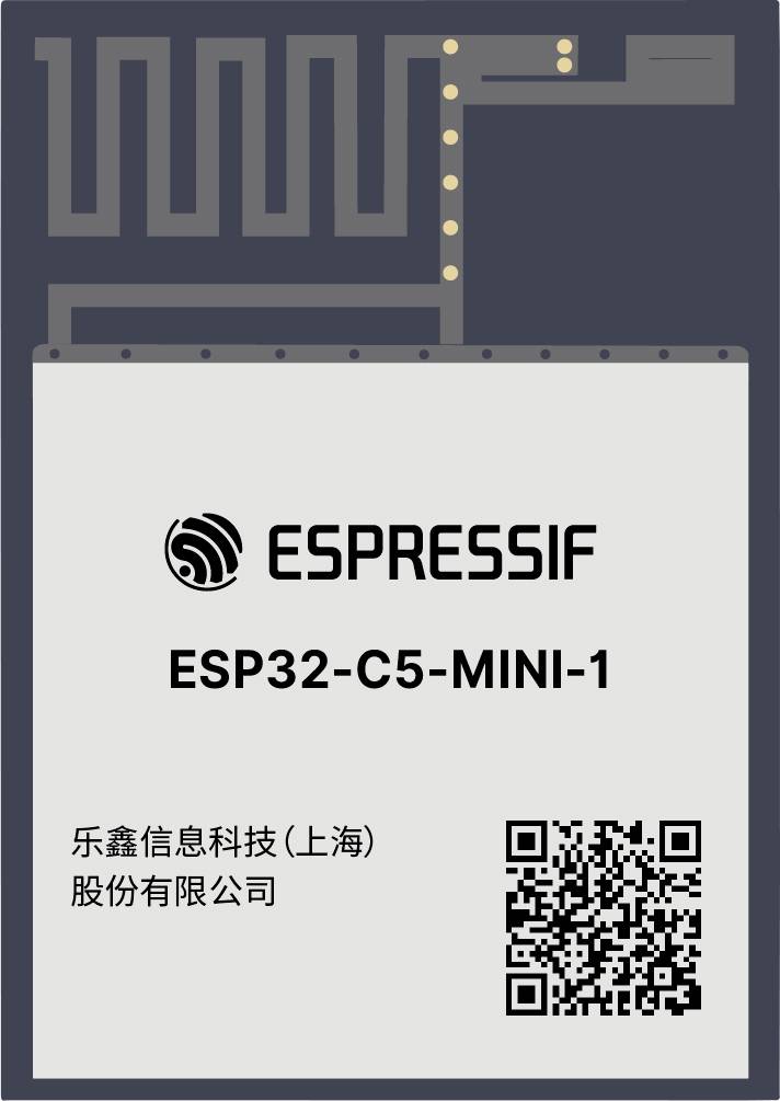 Slika modula 'ESP32-C5-MINI-1' podjetja Espressif. Ima zasnovo brezžične antene in QR kodo na dnu za podrobnosti podjetja.