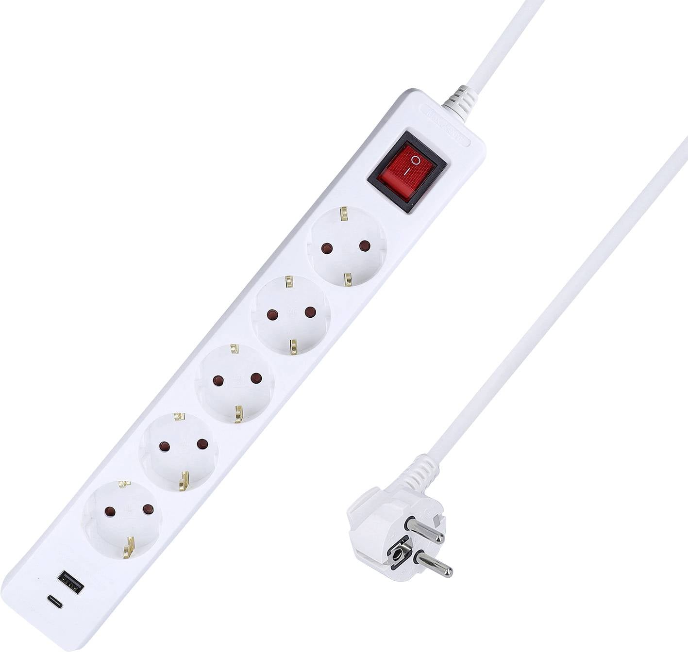 Bela razdelilna naprrava s štirimi vtičnicami, vrata USB in rdečim stikalom za vklop/izklop. Na napravo je pritrjena vtikač z dolgim kablom.
