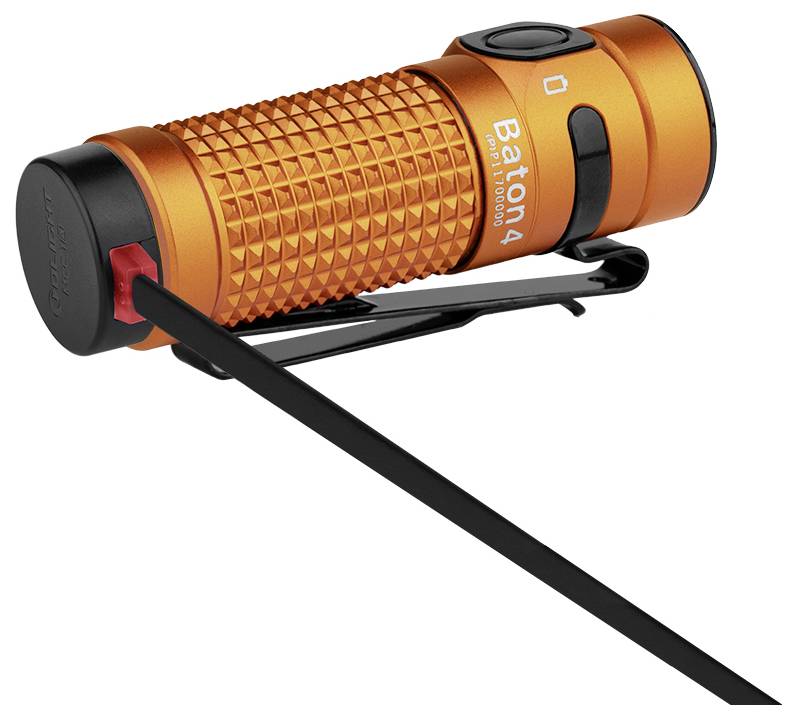 Svetlo oranžna svetilka z oznako "Baton 4", s teksturirano ročajem in črnim polnilnim kablom pritrjenim na strani.