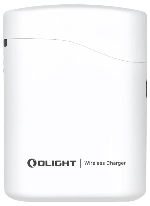 Kompakten bel brezžični polnilnik z besedilom »OLIGHT Wireless Charger« na sprednji strani, s prvinko ukrivljenega vrha.