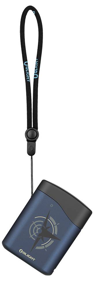 Majhna, modra prenosna svetilka s trakcem za zapestje, s krožnim oblikovanim in logotipom na sprednji strani.