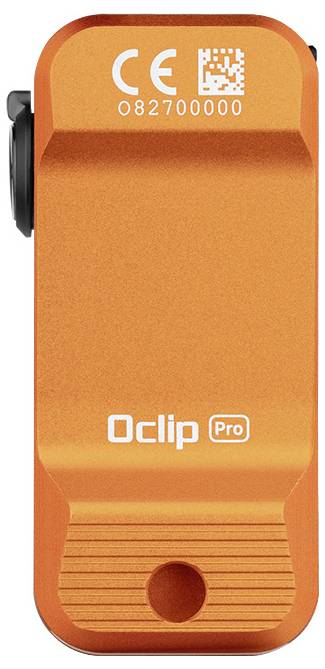 Oranžna naprava Oclip Pro z zaponskim oblikovalcem, ki prikazuje QR kodo in serijsko številko »082700000« na vrhu.