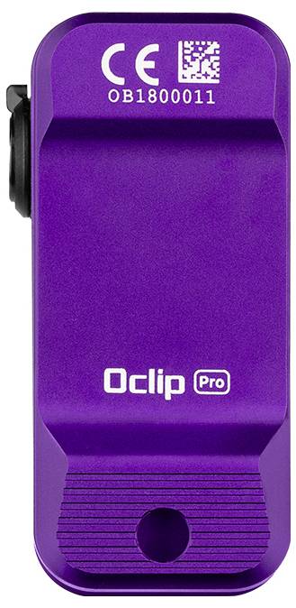 Vijolična naprava Oclip Pro s kodom QR, številka modela OB1800011, in oblikovanjem s prislonko za pritrditev.