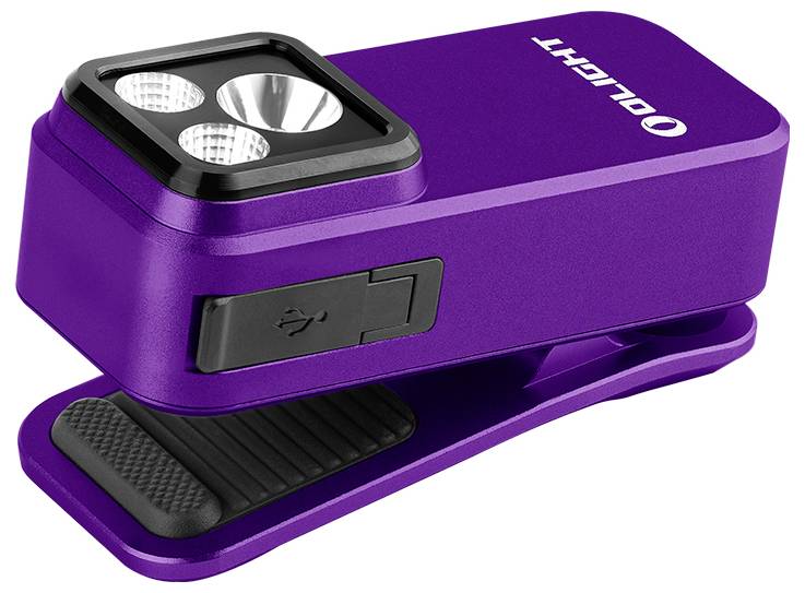 Vijolična LED svetilka OLIGHT s sponko, USB polnilnim vhodom in tremi žarnicami, zasnovana za vsestranski položaj.