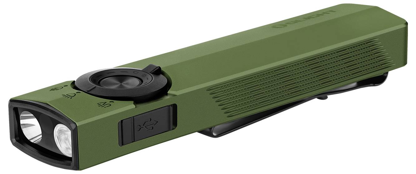 Kompaktna, zelena, pravokotna svetilka s sponko, s krožnim gumbom na vrhu in kvadratnim gumbom na strani.