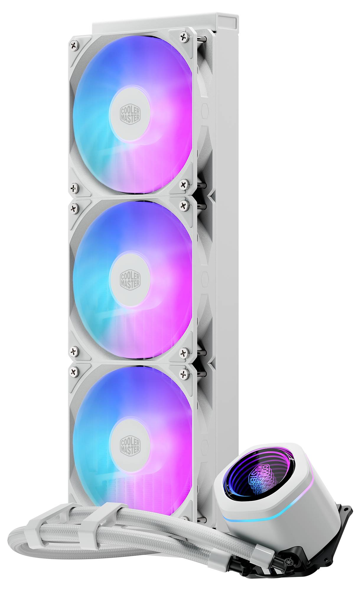Komplet belega PC hladilnika s tekočino s tremi RGB ventilatorji na radialorju, glavo črpalke in priloženimi cevmi