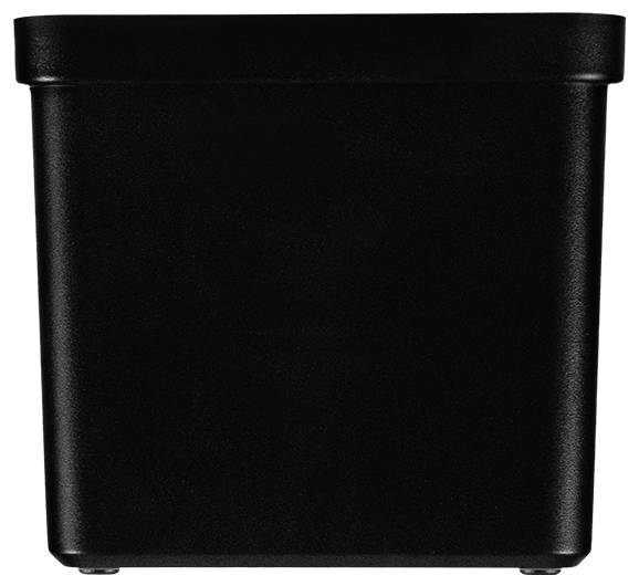 Pravokotni, črni plastični cvetličnik, gledan z sprednje strani.