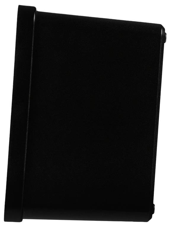 Črno, pravokotno elektronsko ohišje s zaobljenimi robovi; pogled od strani.