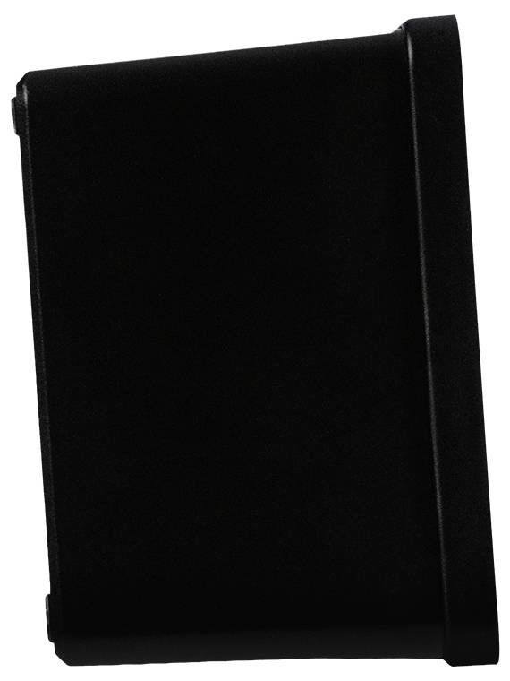 Črna, pravokotna oblika z rahlo ukrivljenimi robovi, postavljena pokonci pred belim ozadjem.