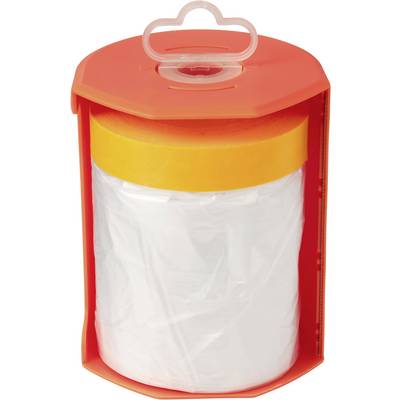 Rdeč plastičen valjasti zabojnik, ki drži belo zvitko vrečk za smeti, z jasno ročico za prenašanje na vrhu.