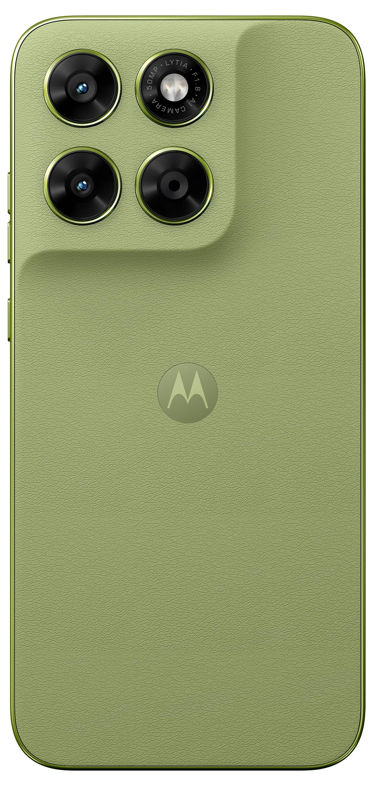 Zelena zadnja stran pametnega telefona z tremi objektivy fotoaparata in logotipom Motorola v sredini.