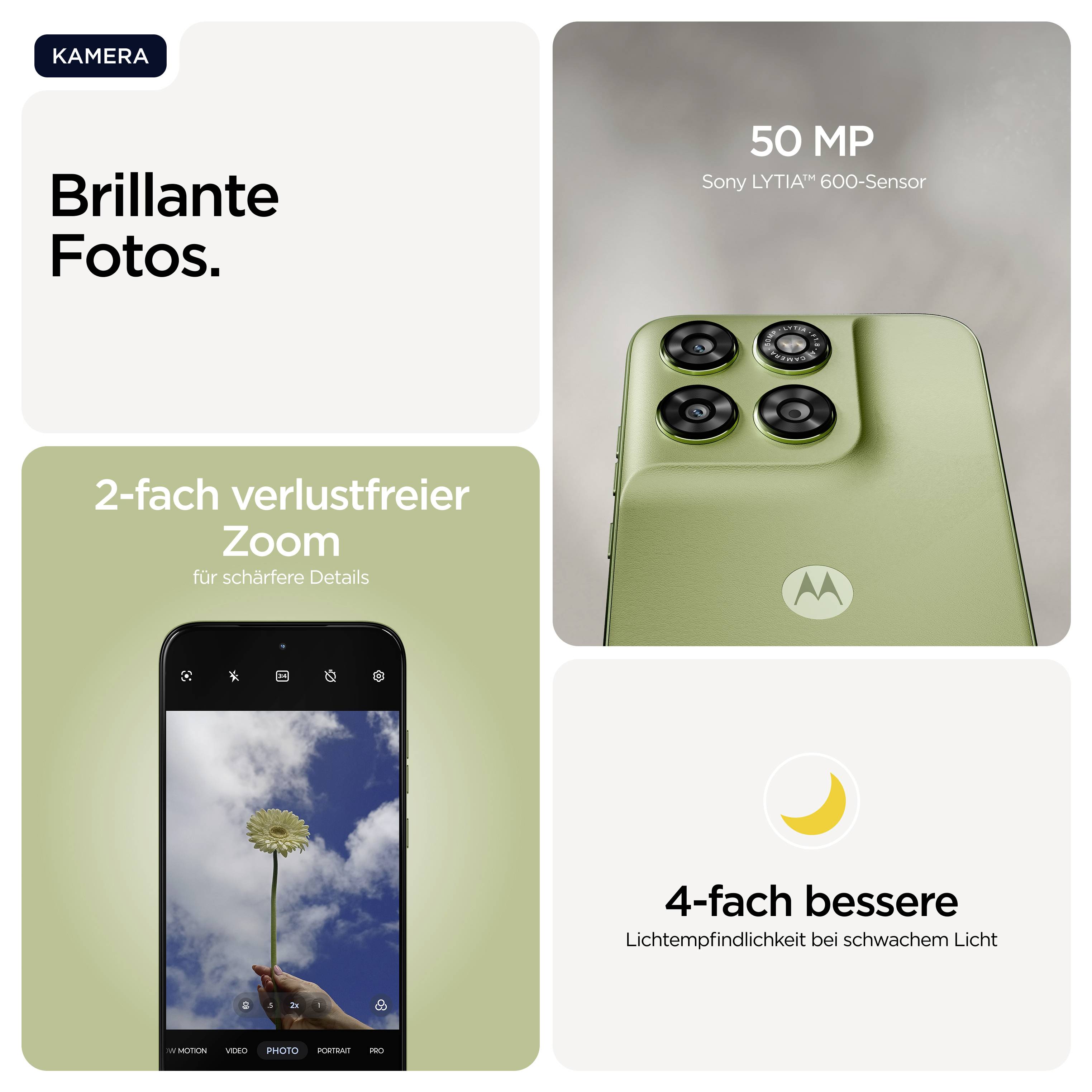 Mobilni telefon s 50 MP kamero in Sony LYTIA™ 600-senzorjem. Ponuja 2-kratni brezizgubni zoom in 4-kratno boljšo občutljivost pri slabi svetlobi.
