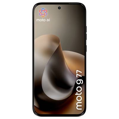 Pametni telefon z napisom »moto g 77« na zaslonu z abstraktnim vzorcem spirale in logotipom »moto ai« v levem zgornjem kotu.