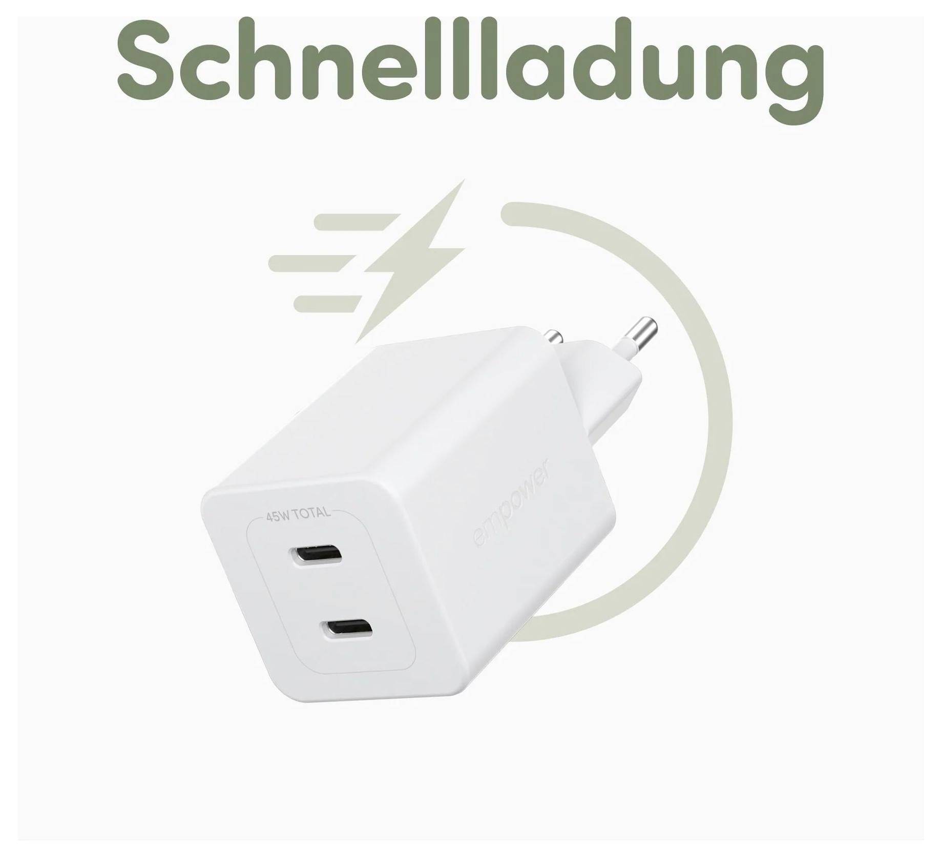Beli dvovratni USB polnilnik z evropskim vtičem, označen s "Schnellladung", kar nakazuje zmožnost hitrega polnjenja.