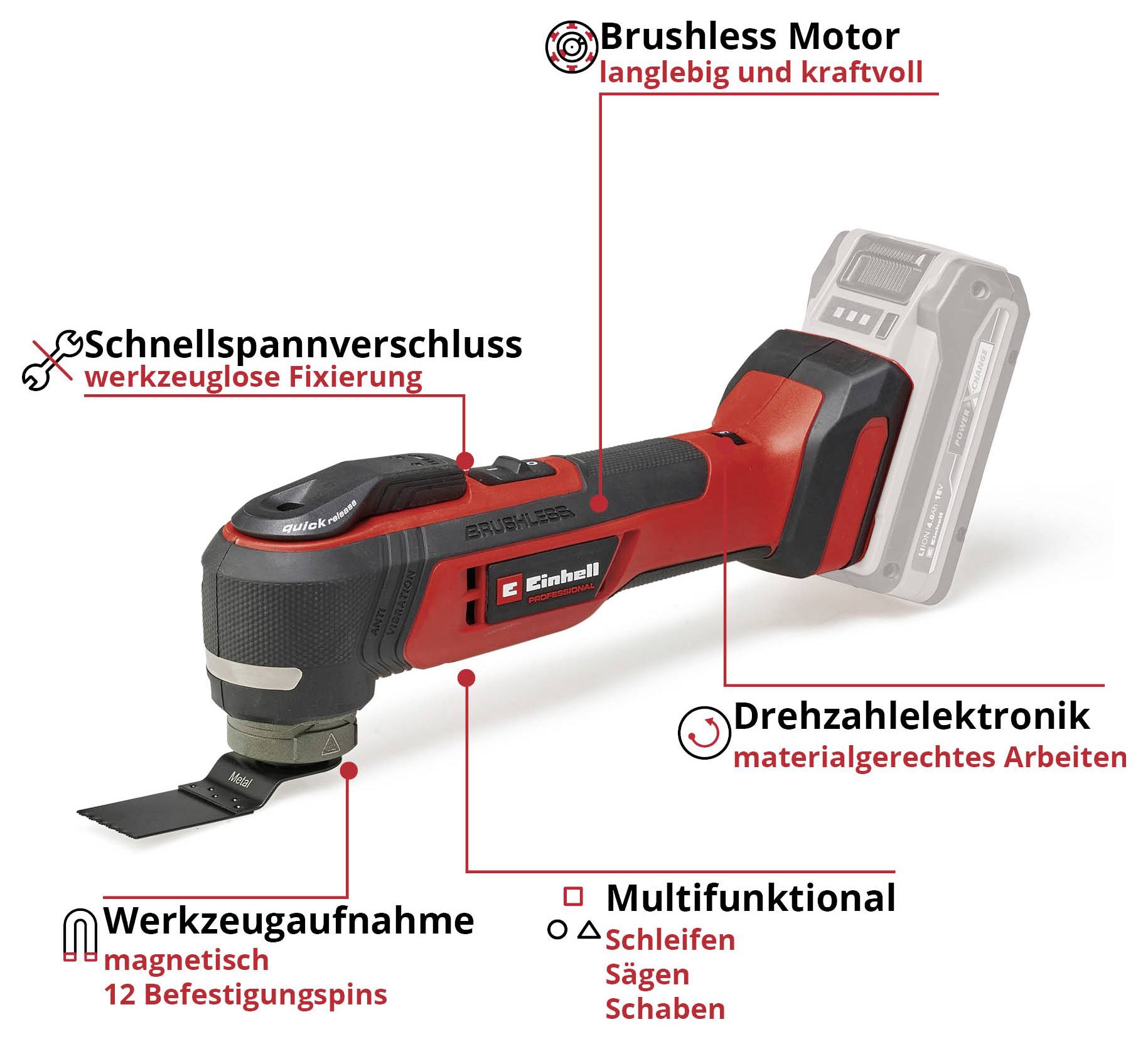 Rdeč elektro-večnamenski orodje z hitro-stezno spojko, motorjem Brushless in držalom za orodje.