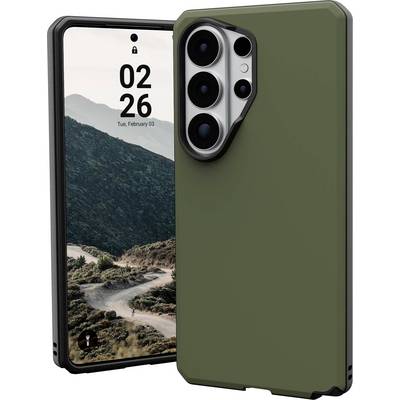Pametni telefon z digitalno uro, ki prikazuje »02:26, torek, 3. februar«, s planinsko krajino na zaslonu in zelenim etui za telefon.